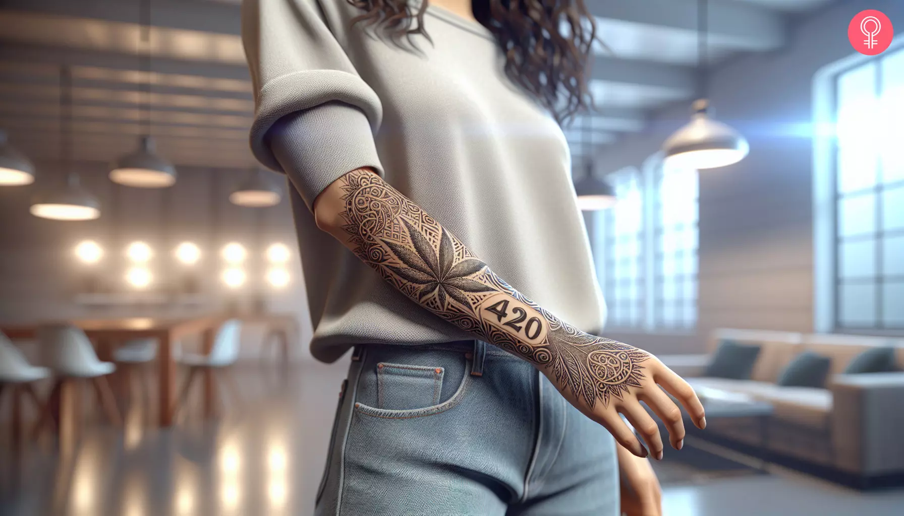 A 420 weed tattoo on the forearm of a woman