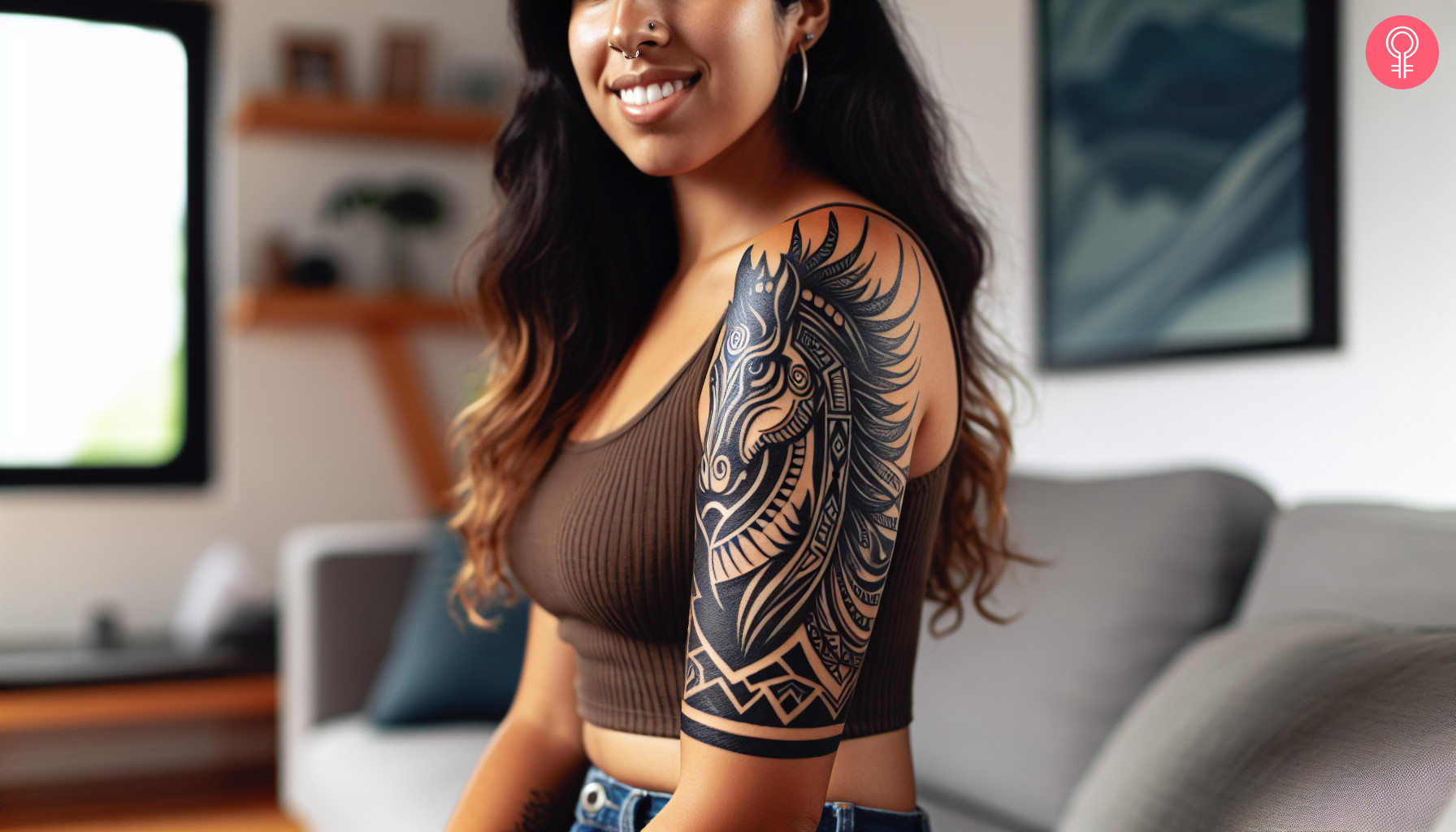 woman with Half Sleeve Creative Upper Arm Tattoo