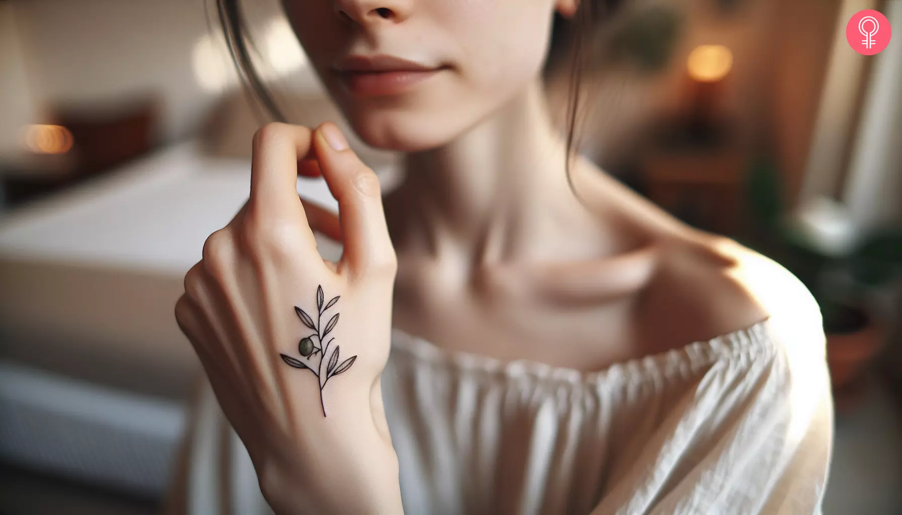 woman with minimalist olive branch tattoo on her fingers