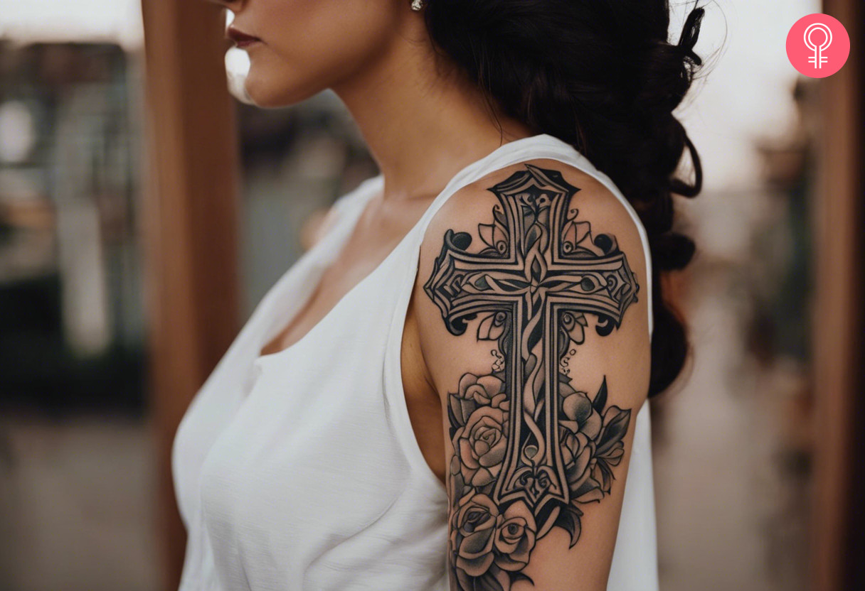 woman with Shoulder Upper Arm Religious Tattoo