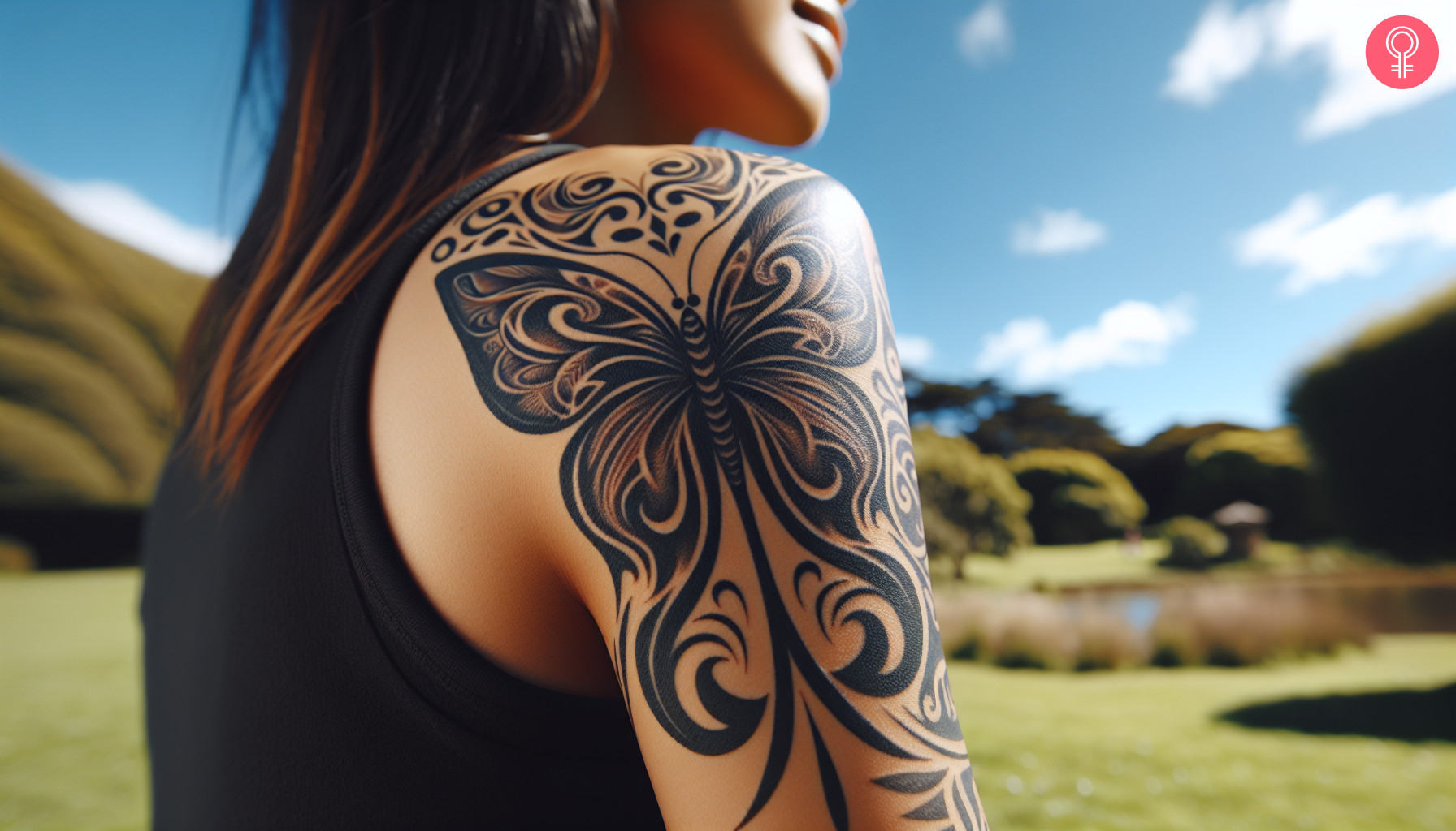 woman with Tribal Upper Arm Tattoo