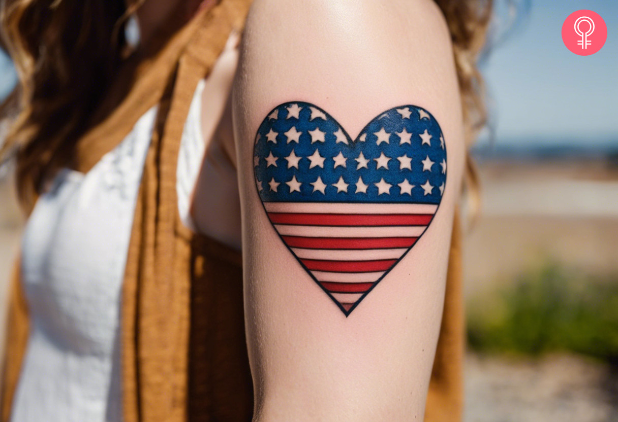 woman with Upper Arm Patriotic Tattoo