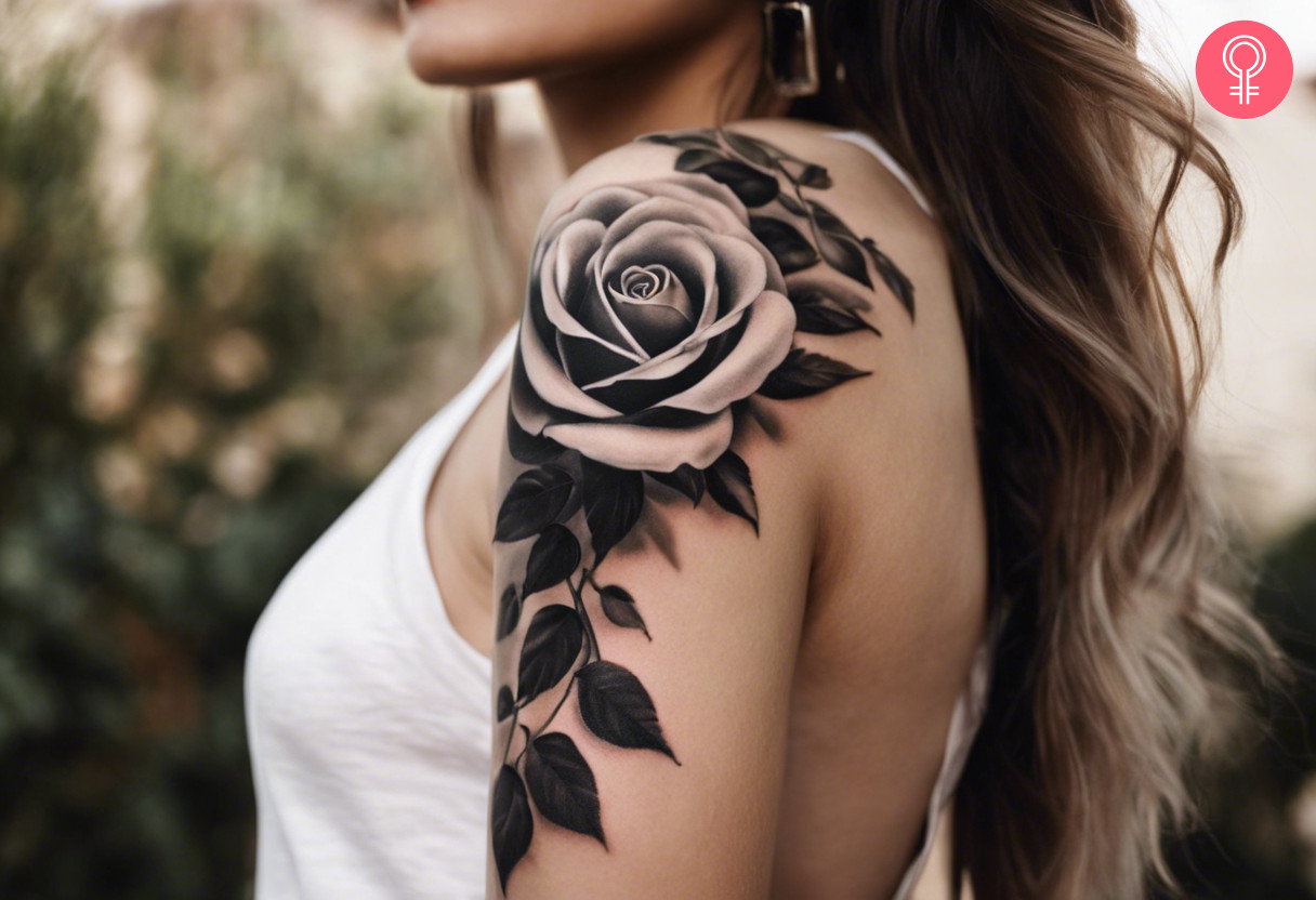 woman with upper arm flower tattoo