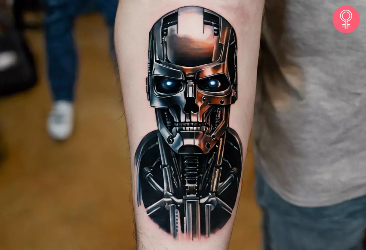 Terminator endoskeleton tattoo on a man’s forearm