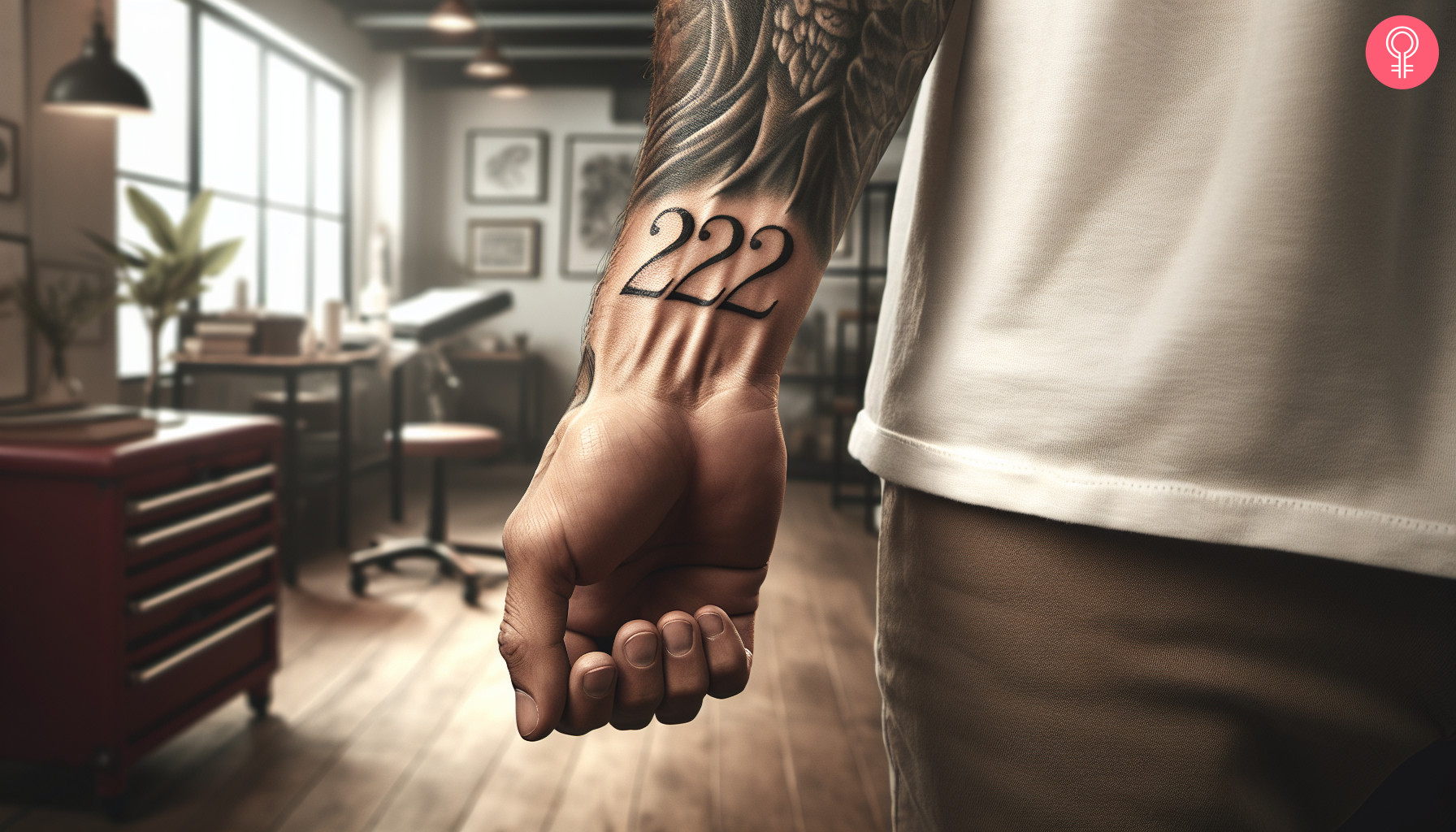 222 Engelszahl Tattoo am Handgelenk eines Mannes