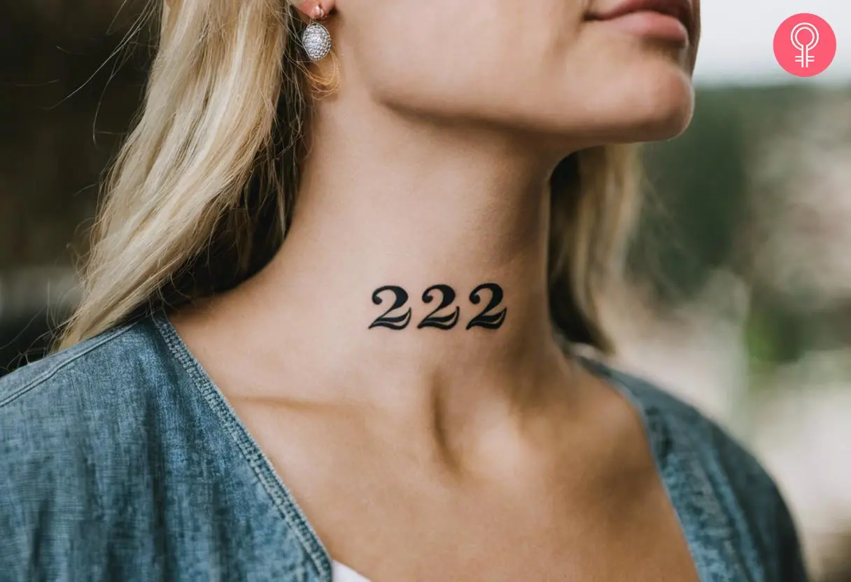 A 222 tattoo on a woman’s neck