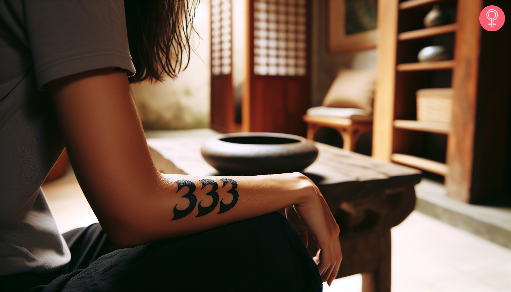 A 333 angel number tattoo on the arm of a woman