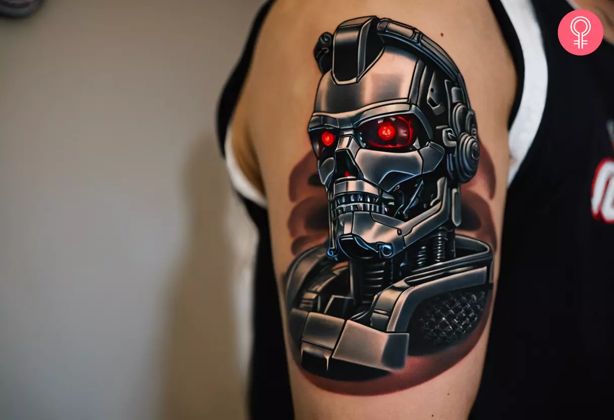 3d Terminator tattoo on a woman’s upper arm