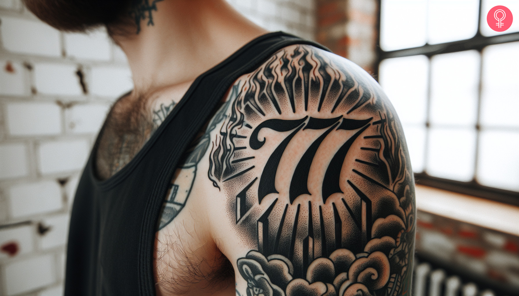 Ein Tattoo mit der Engelszahl 777 auf der Schulter eines Mannes