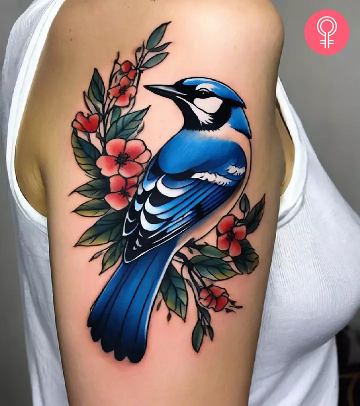 Woman with a blue jay tattoo on her upper arm