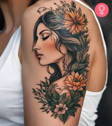 A woman with a jungle sleeve tattoo on her upper arm