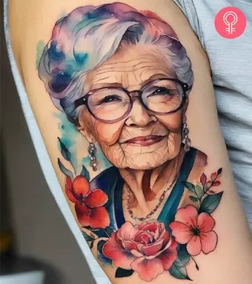 A grandchildren tattoo on a woman’s upper arm