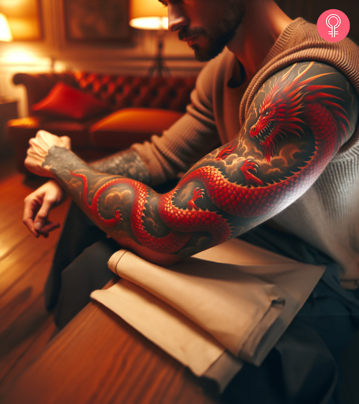 Red dragon sleeve tattoo on a man
