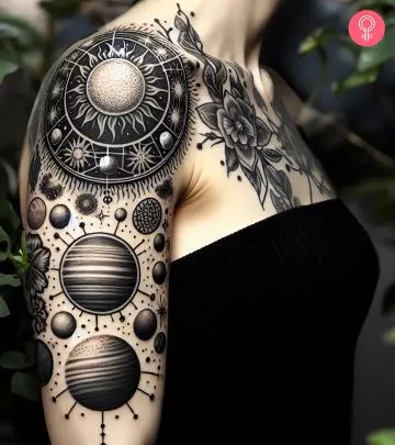 A Neptune tattoo design on the arm of a woman