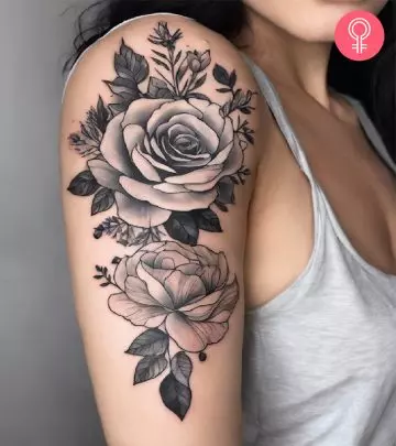 Rose shoulder tattoo design on a woman’s back