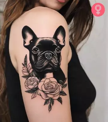 A woman with a black and red rose tattoo on her shoulder