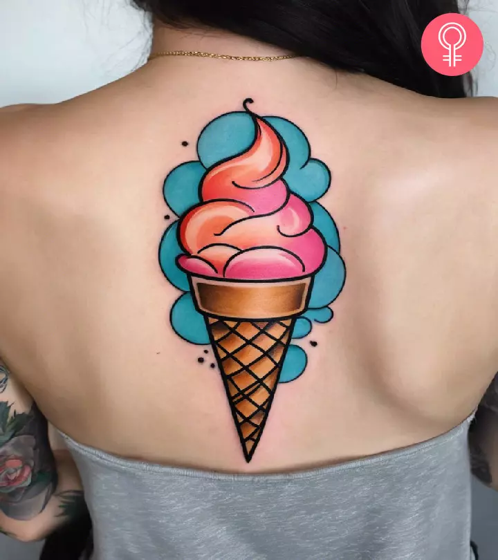 A woman flaunting an ice cream tattoo on her back