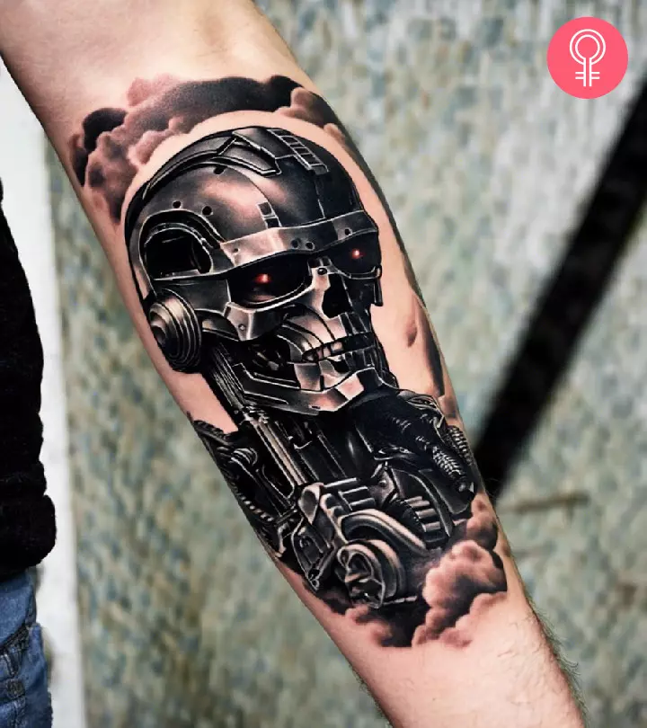 Terminator tattoo on a woman’s forearm