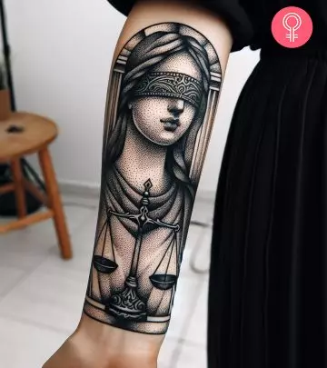 A woman with a Libra tattoo on her upper arm