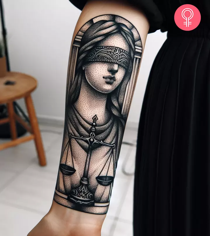 Lady Justice tattoo on the forearm