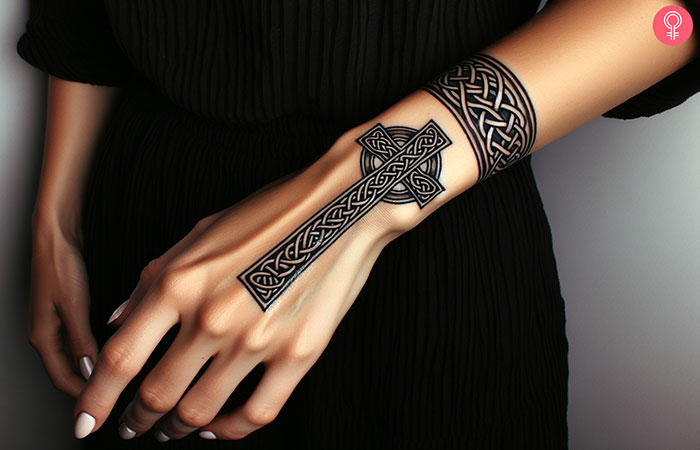 A Celtic cross tattoo on a woman’s hand