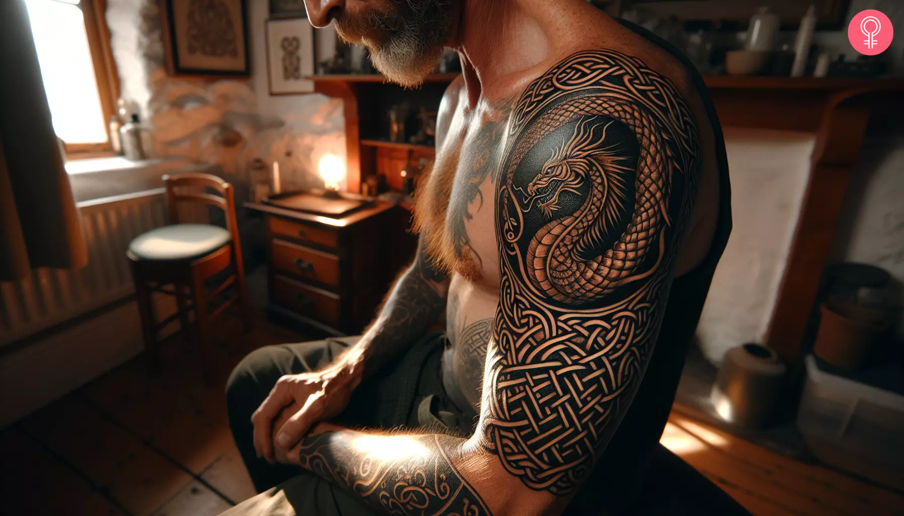 A Celtic dragon tattoo on the upper arm of a man
