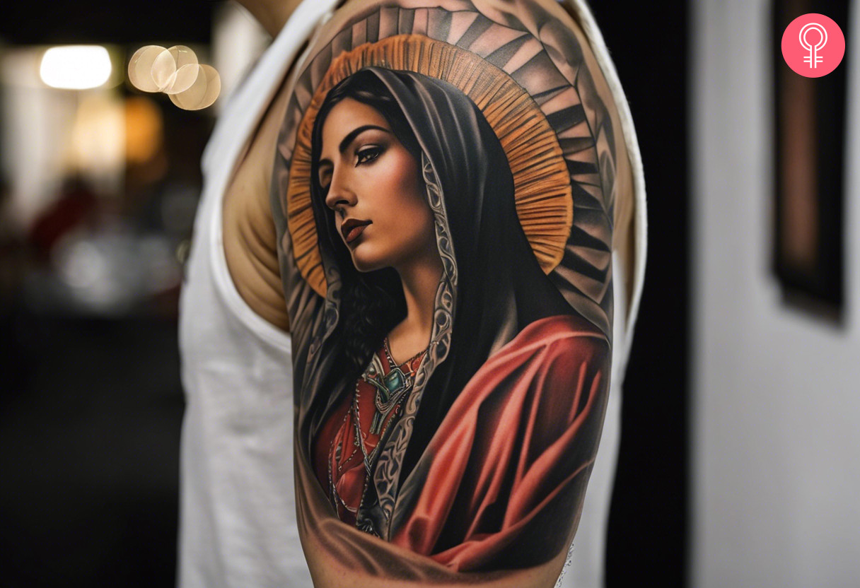 A Chicano Mexican tattoo of Mother Mary on the upper arm