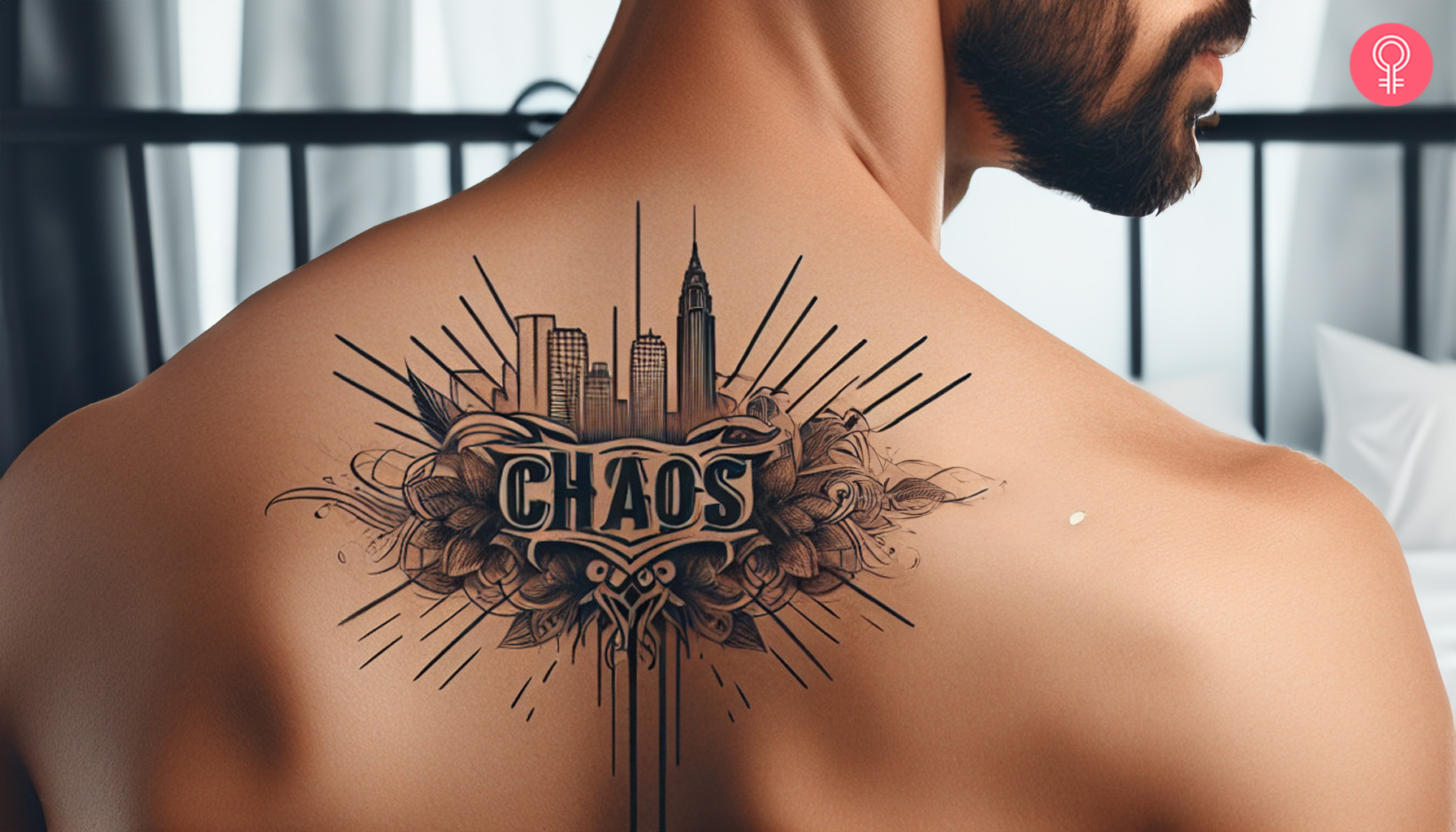 A Chicano graffiti tattoo on a man’s back with the word ‘Chaos’