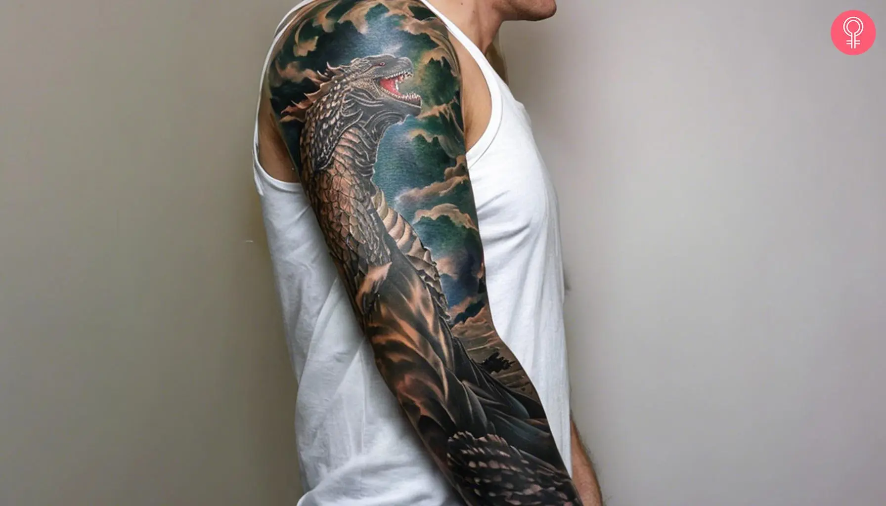 A Godzilla sleeve tattoo on the arm