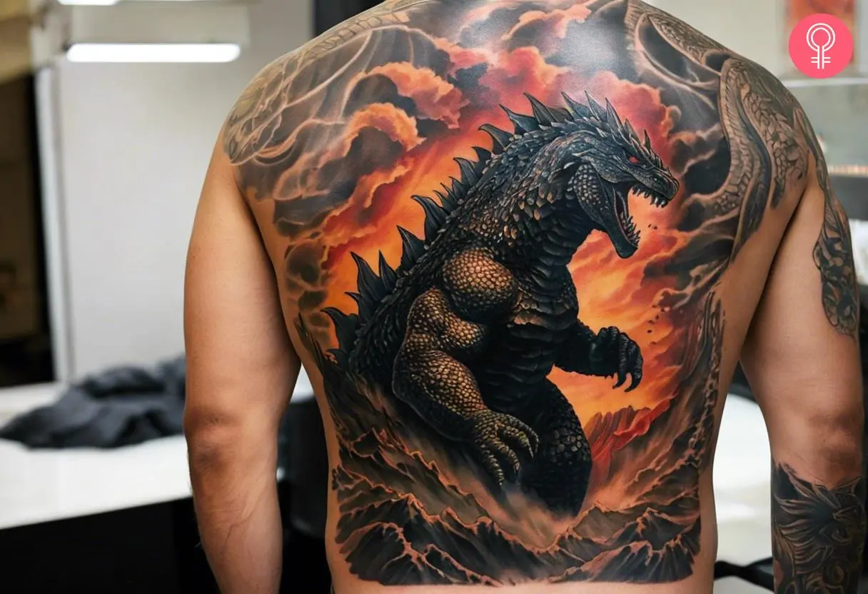 A Godzilla tattoo design on a man’s back