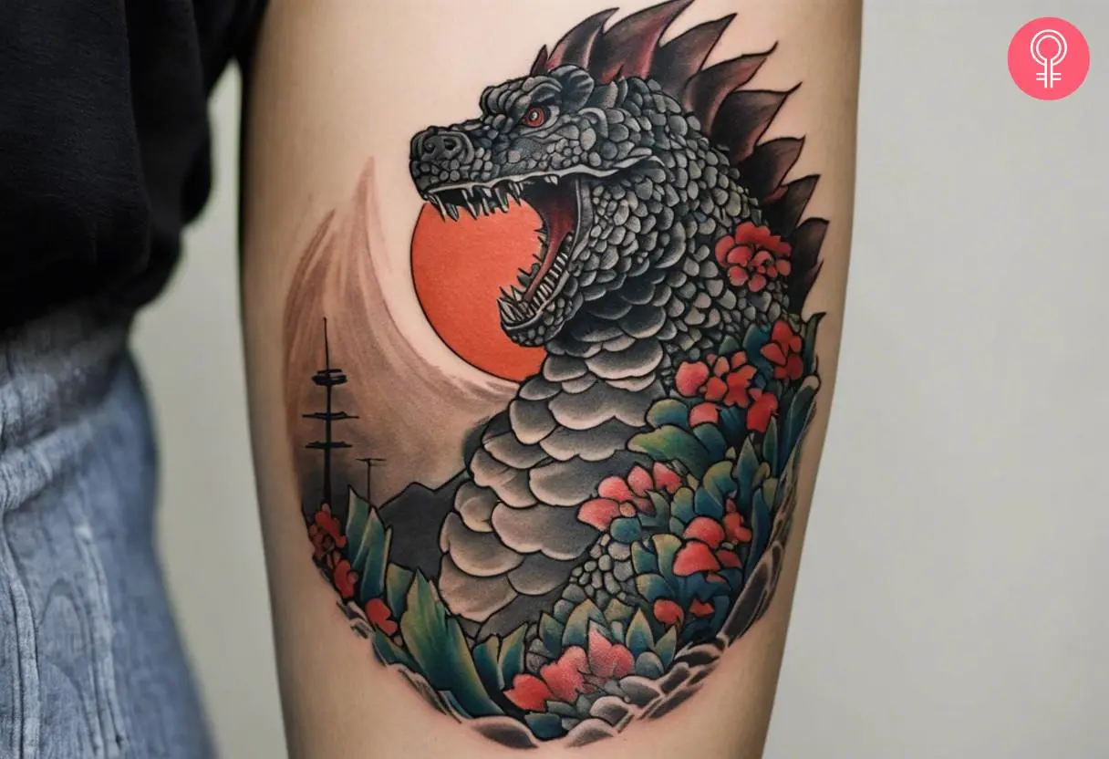 A Japanese Godzilla tattoo design on the lower arm