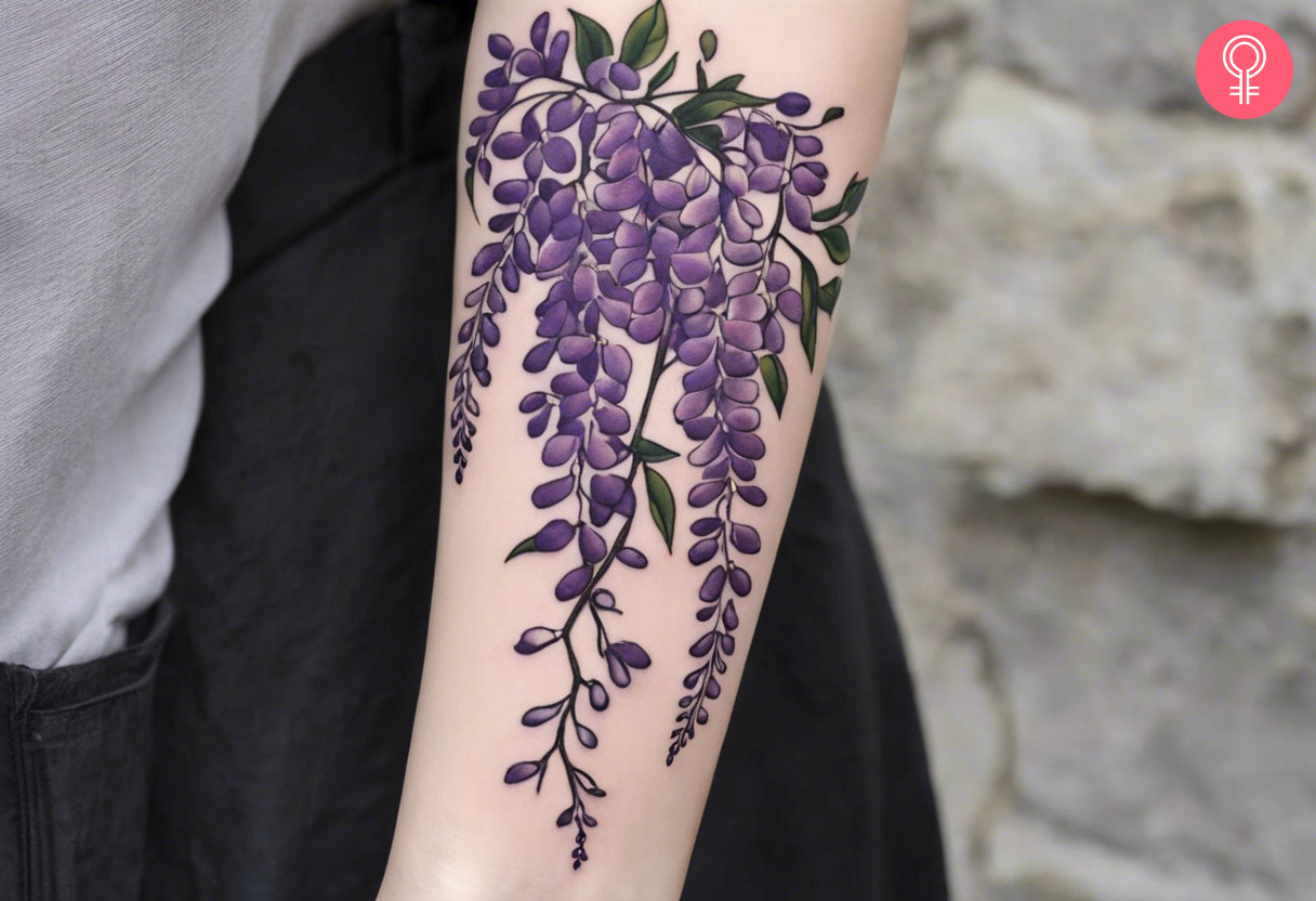 A Japanese wisteria vine tattoo on the arm of a woman