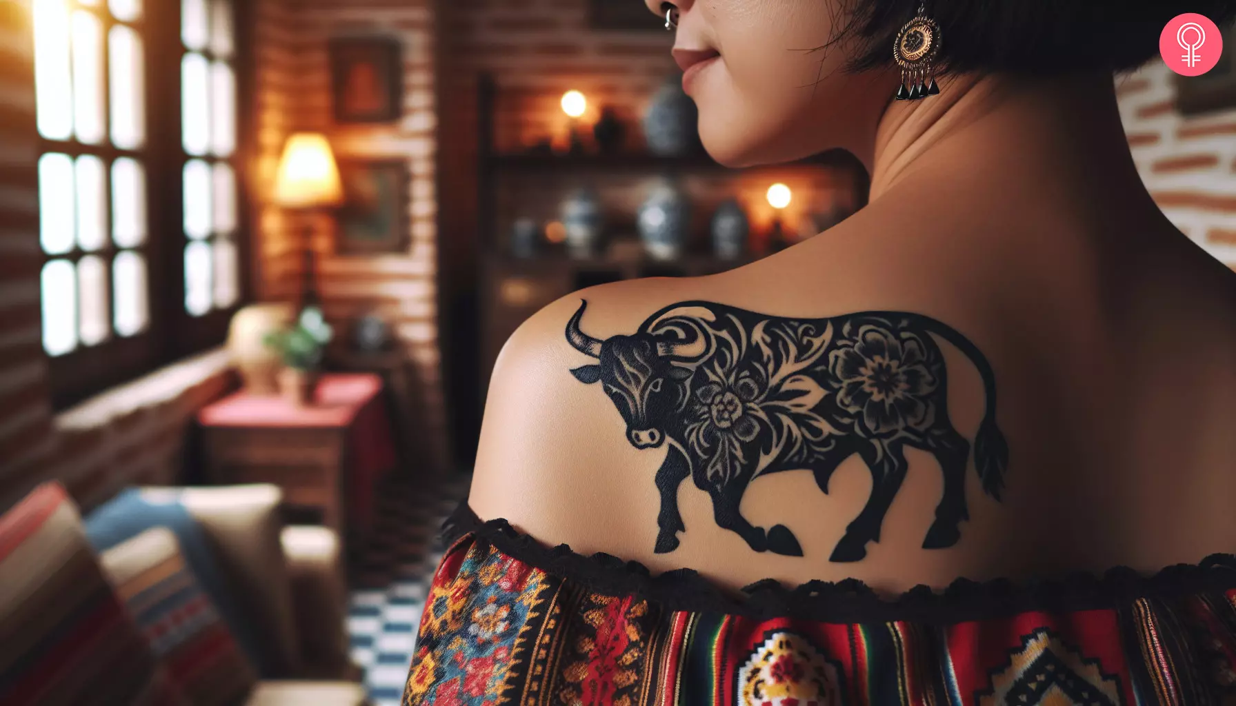 A Spanish bull tattoo near a woman’s shoulder