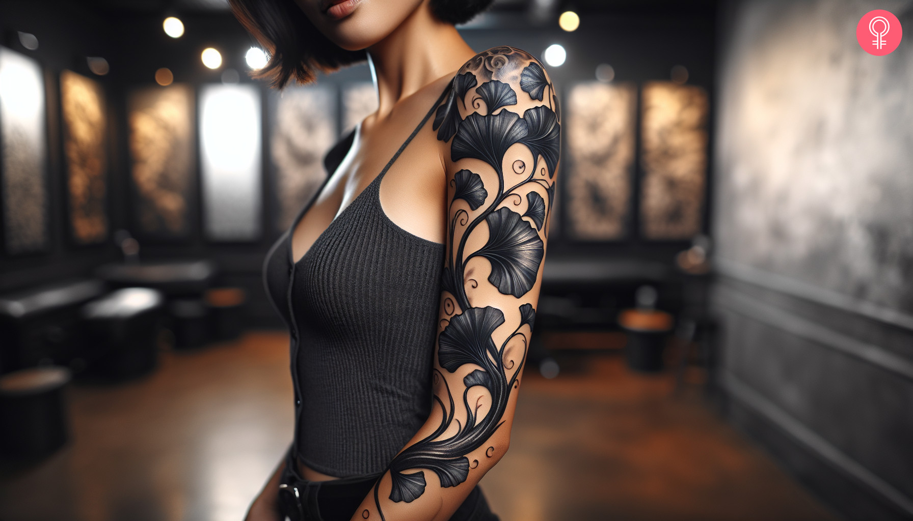 A beautiful black Gingko sleeve tattoo on the arm