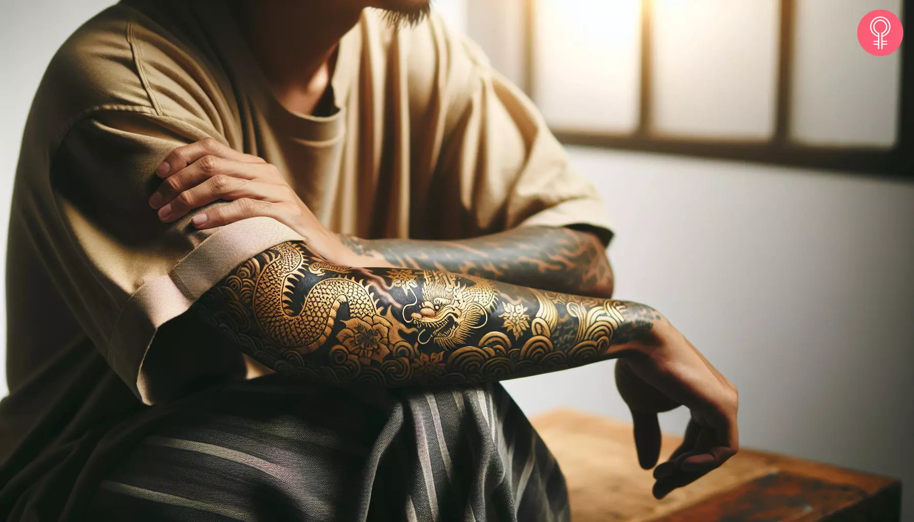 A black and gold Yakuza dragon tattoo sleeve