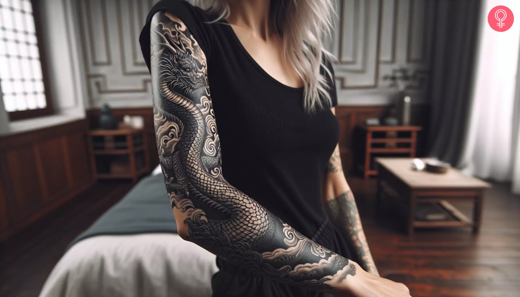 A black and gray Chinese dragon sleeve tattoo