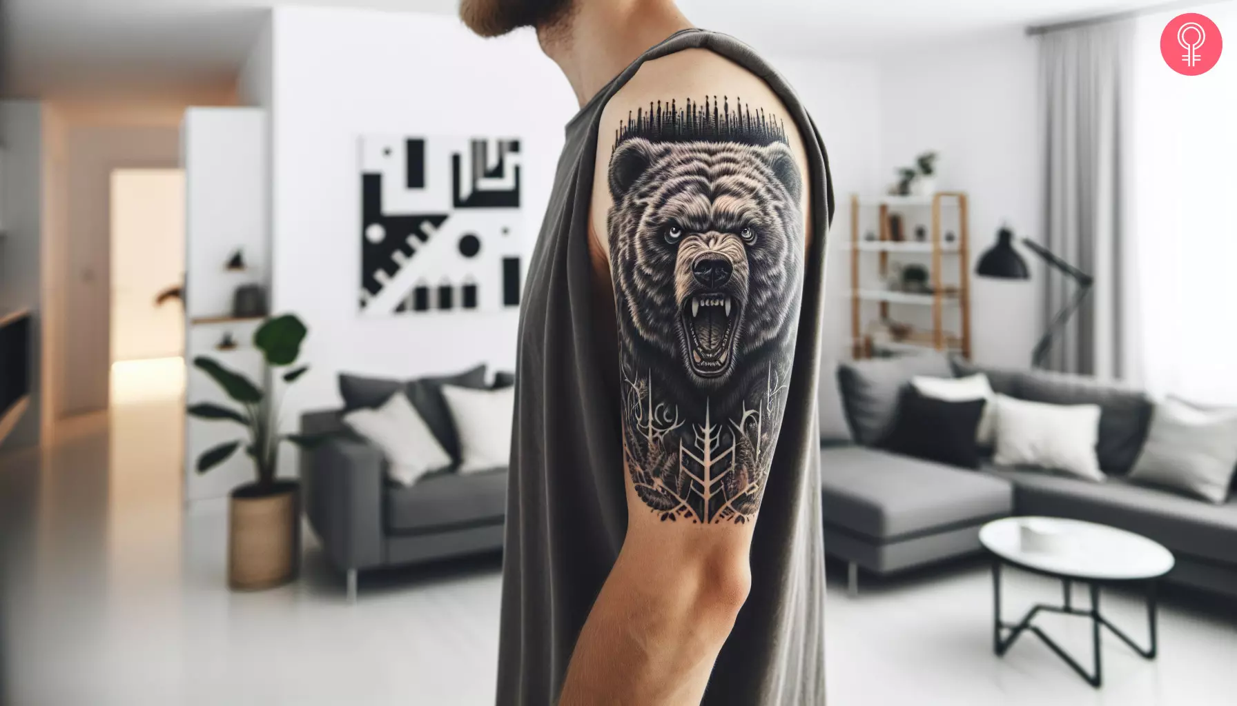A black and gray bear tattoo on the upper arm