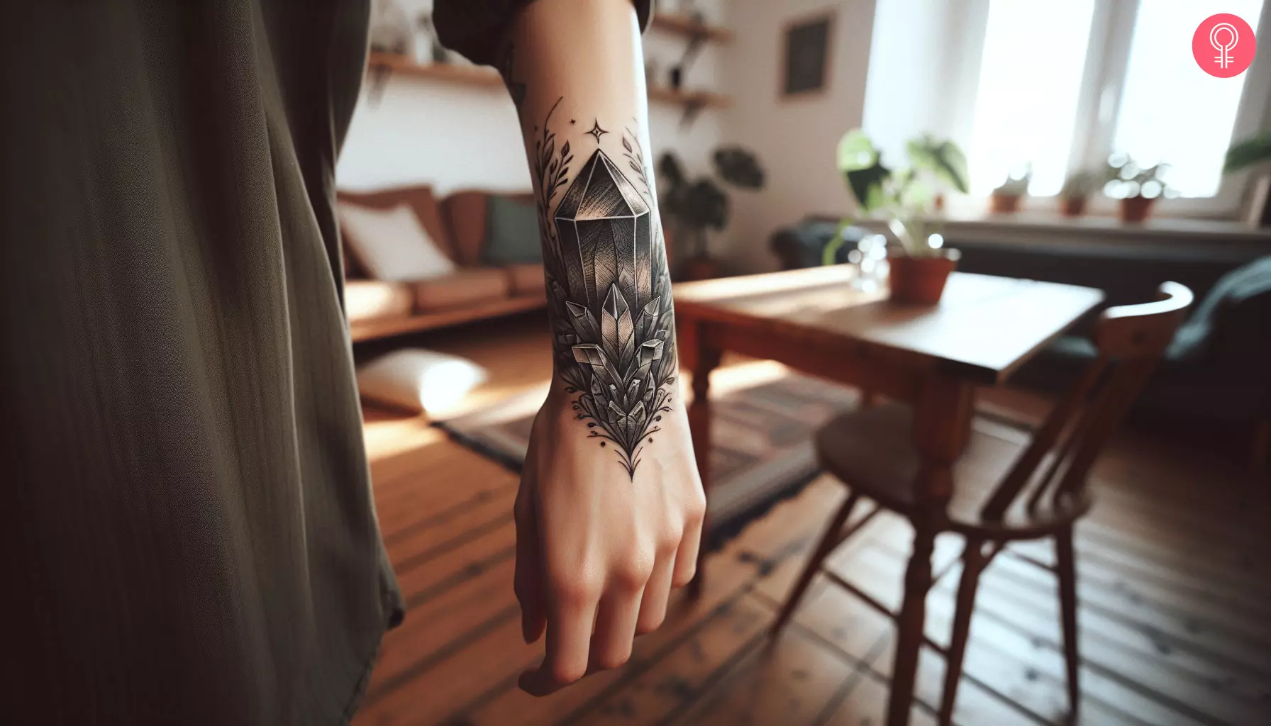 A black and gray crystal tattoo on the forearm