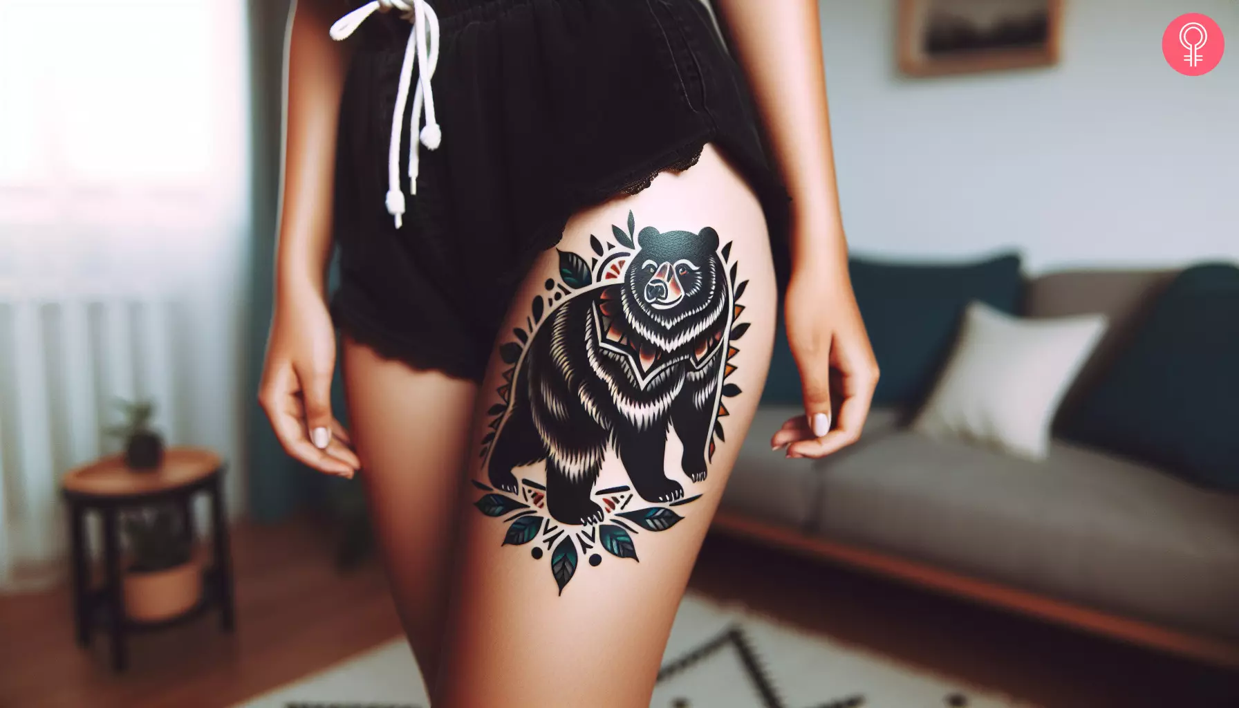 A black and white bear tattoo on the thigh