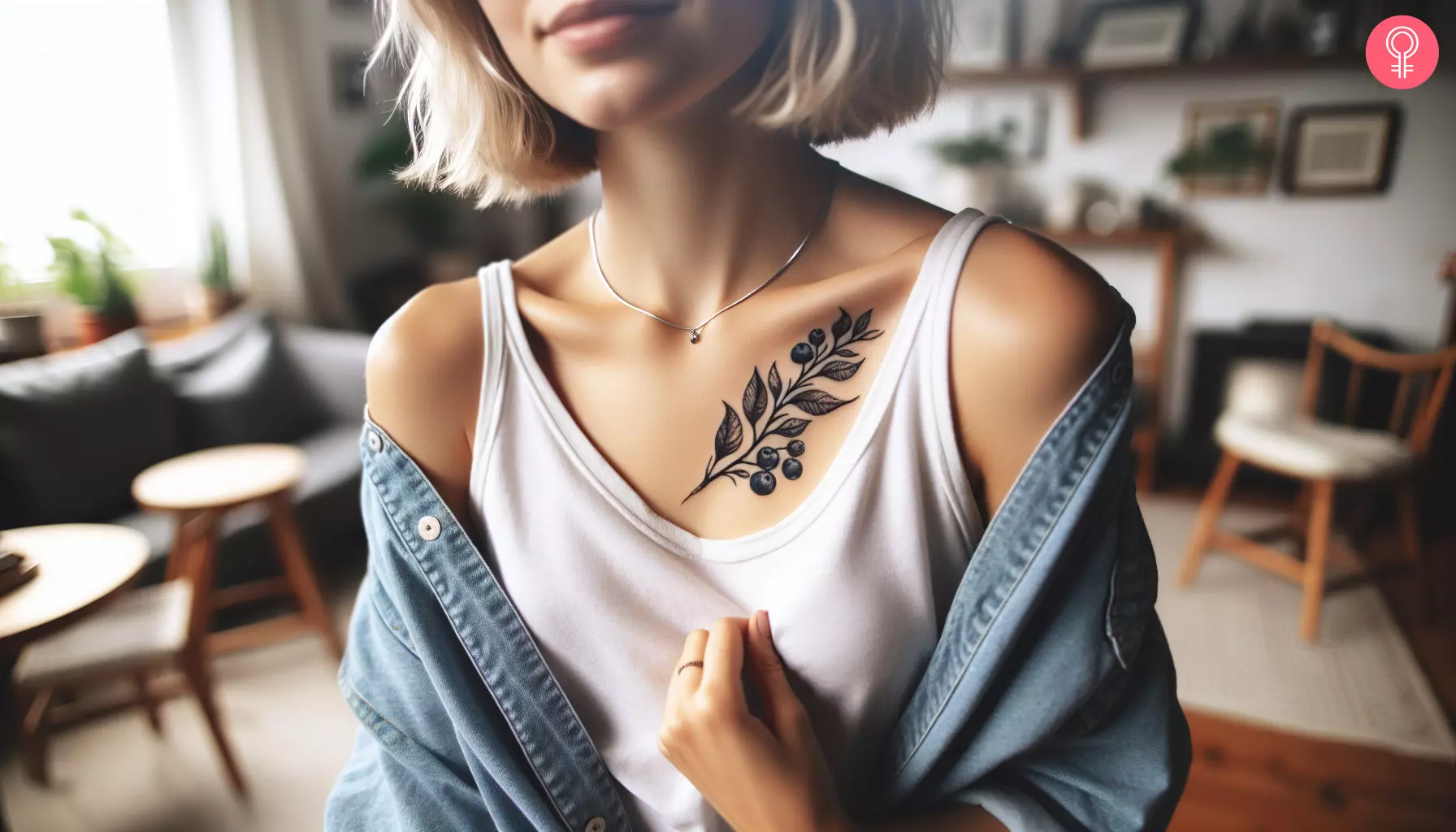 A black and white blueberry tattoo near the collarbone of a woman