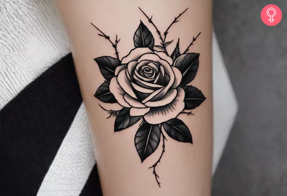 A black and white rose with thorns tattoo design on the upper arm