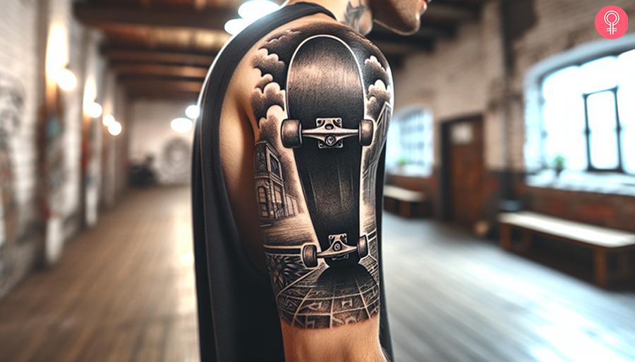 A black and white skateboard tattoo on the upper arm