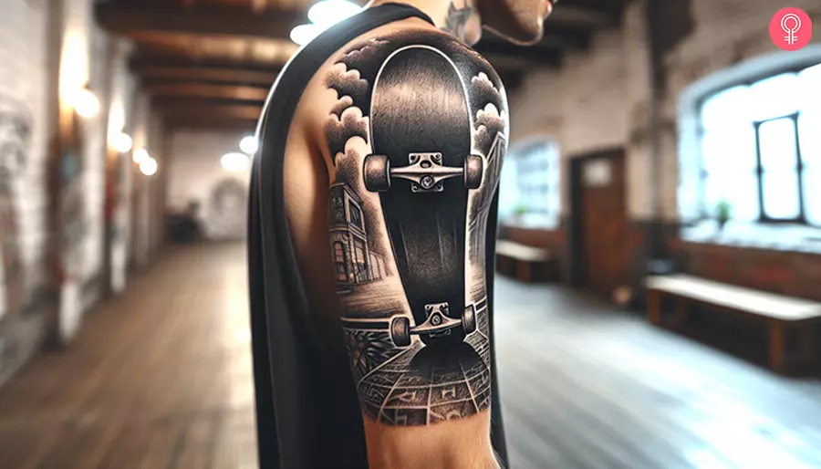 A black and white skateboard tattoo on the upper arm
