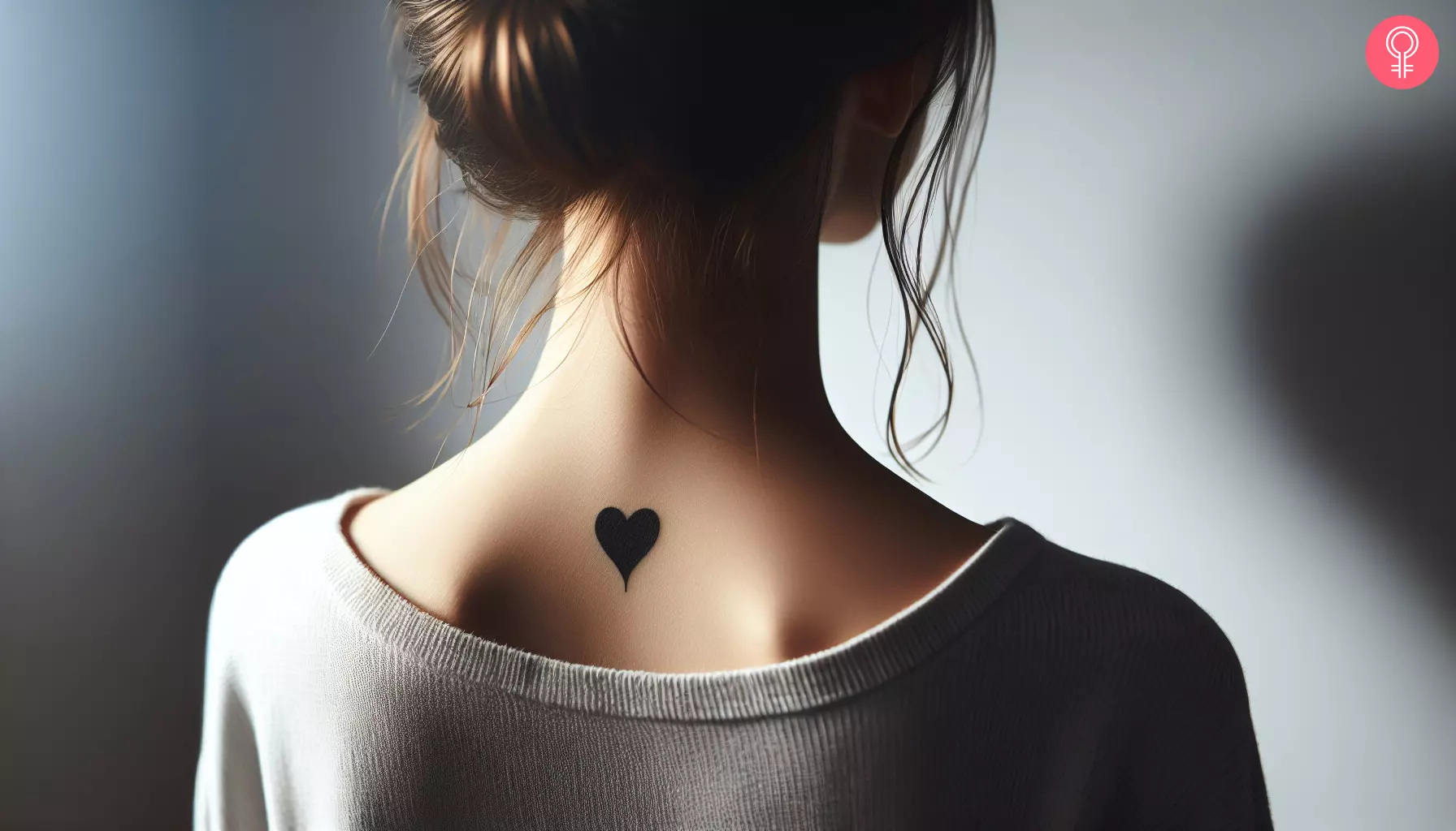 A black heart tattoo on the lower neck