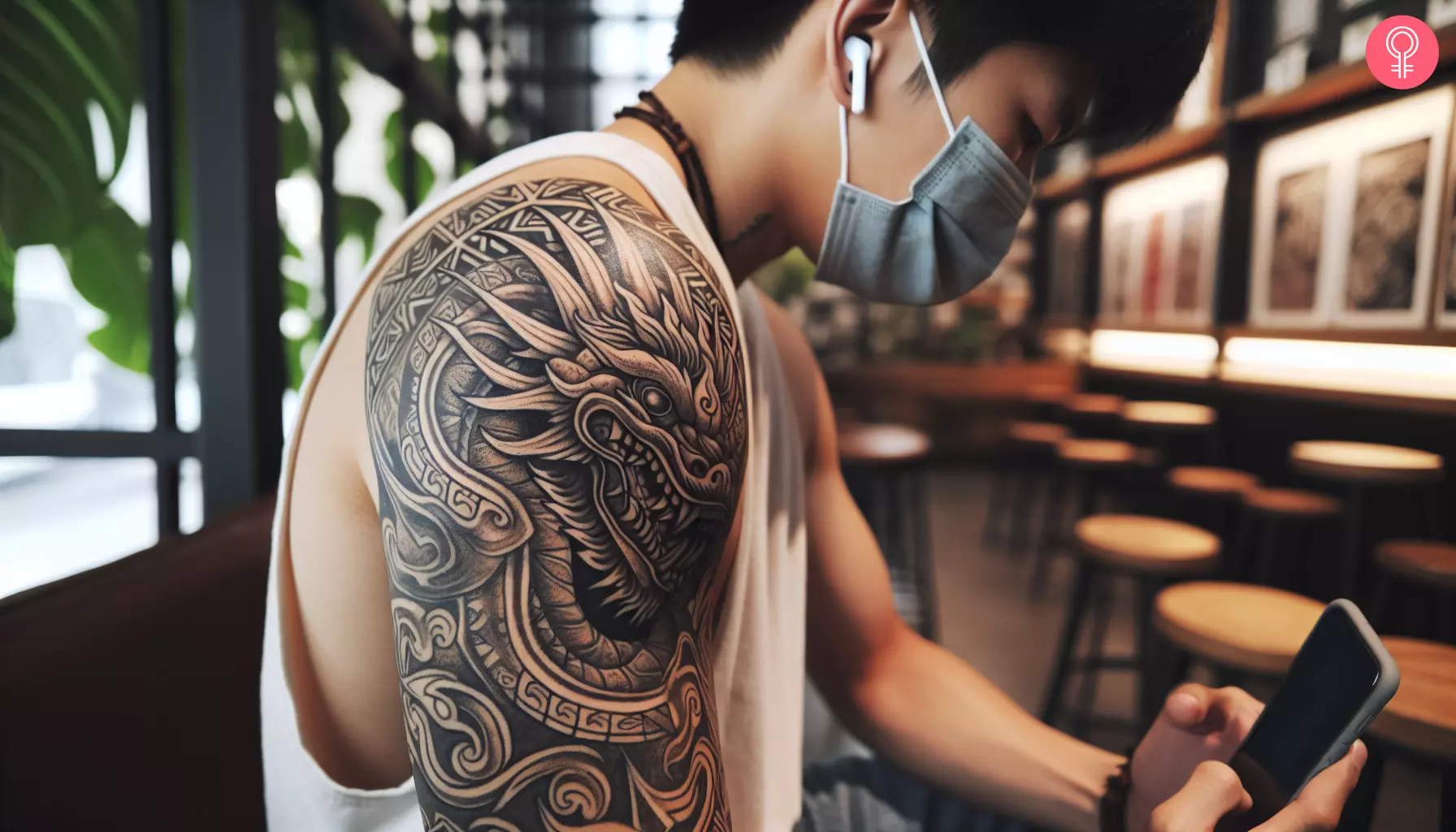 A black ink Aztec style dragon tattoo on the upper arm and shoulder