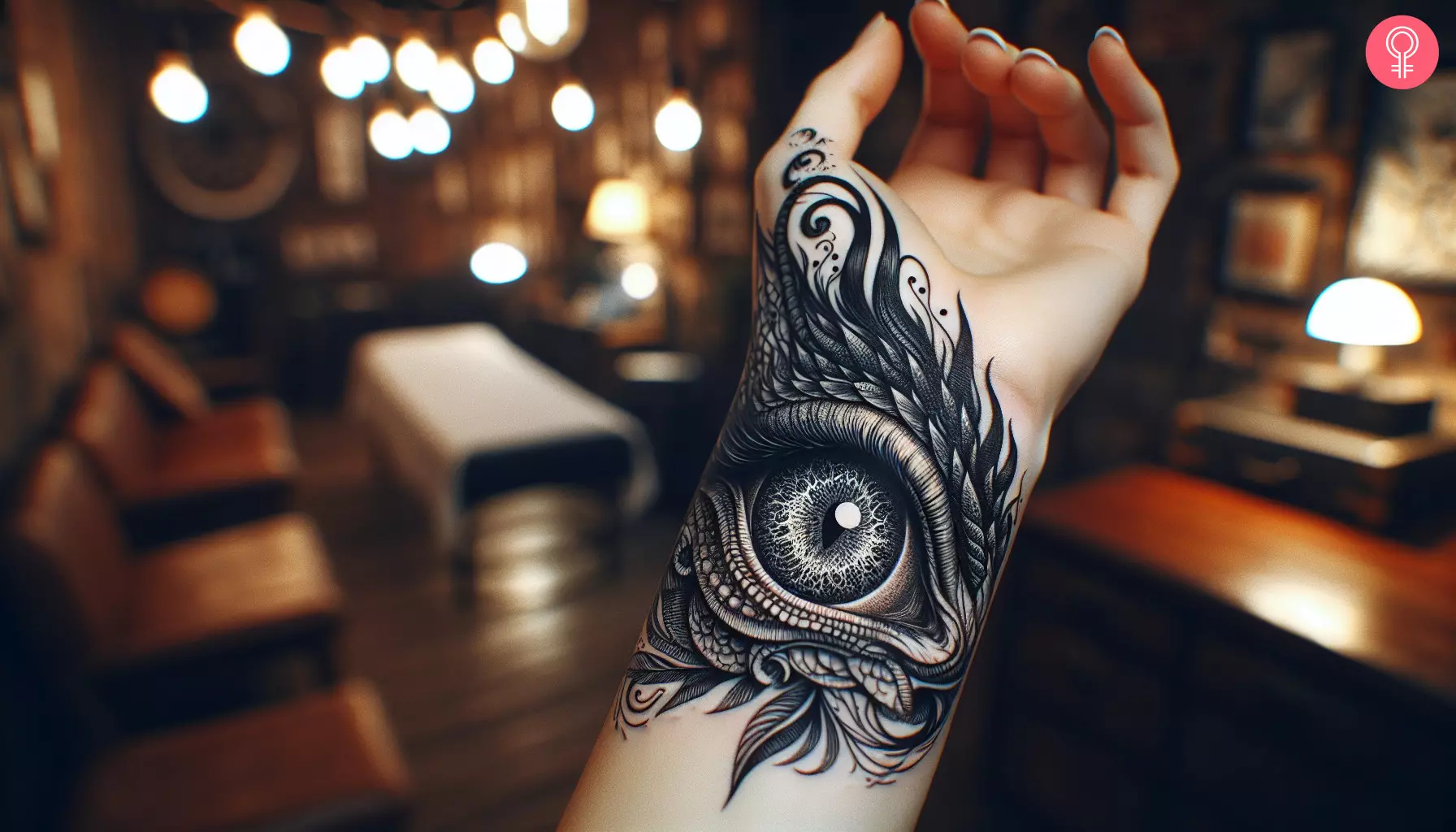 A blackwork dragon eye tattoo on the wrist of a woman