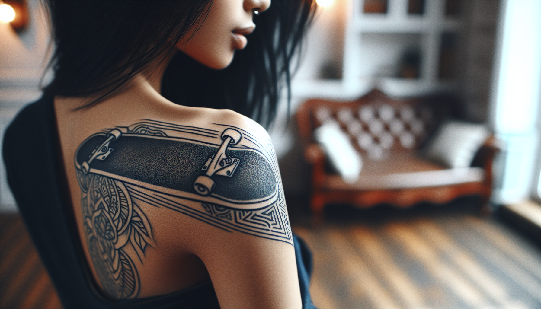 A blackwork skateboard shoulder tattoo with patterns