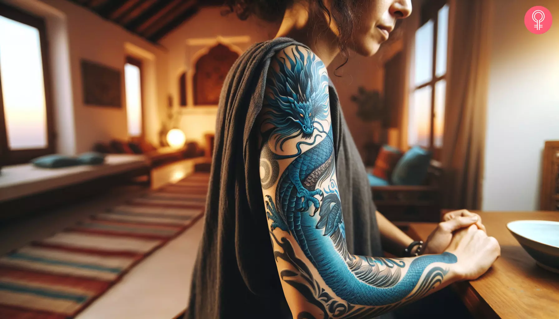 A blue dragon tattoo covering the arm of a woman