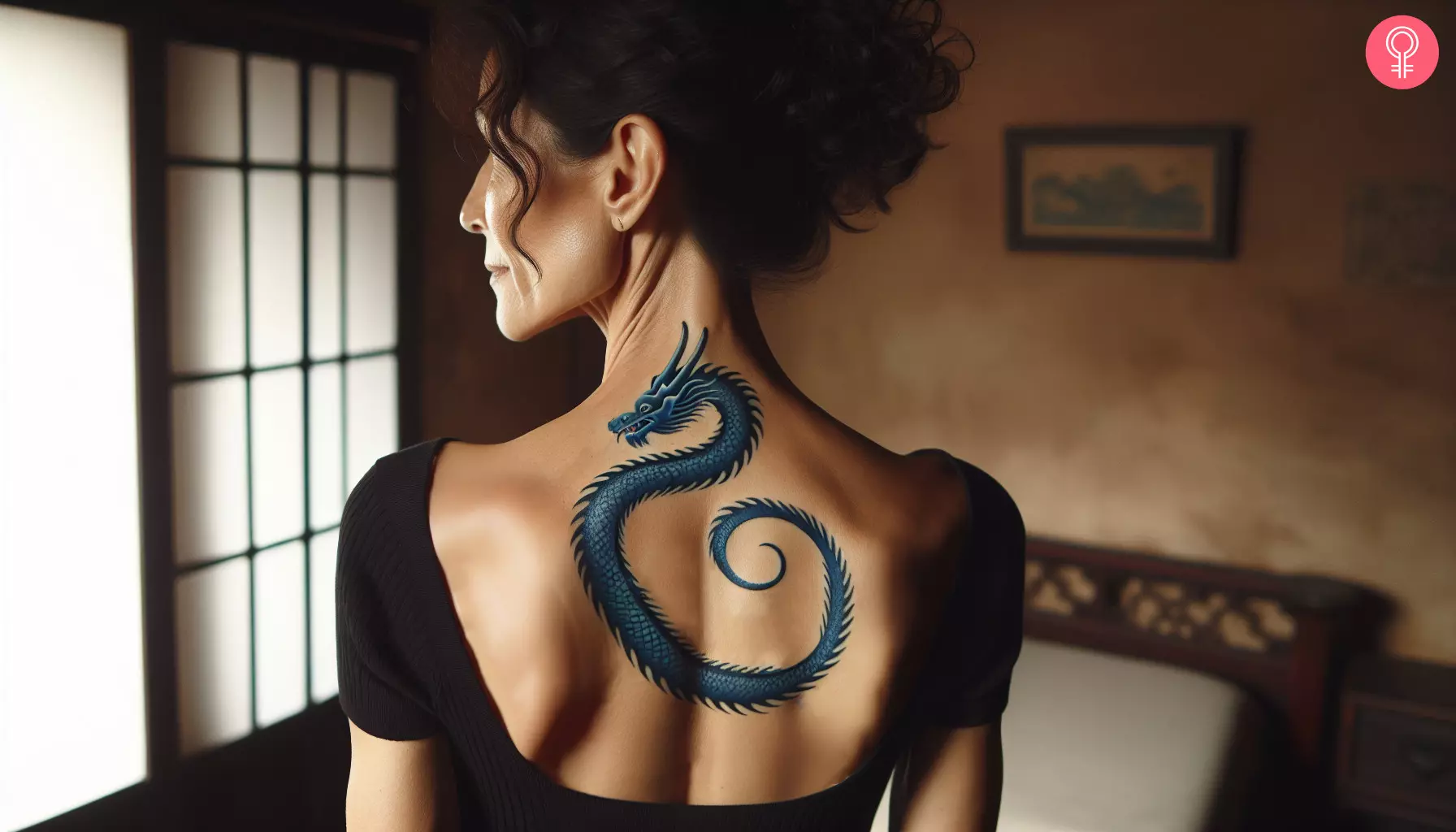 A blue serpentine Eastern dragon tattoo on the upper back of a woman
