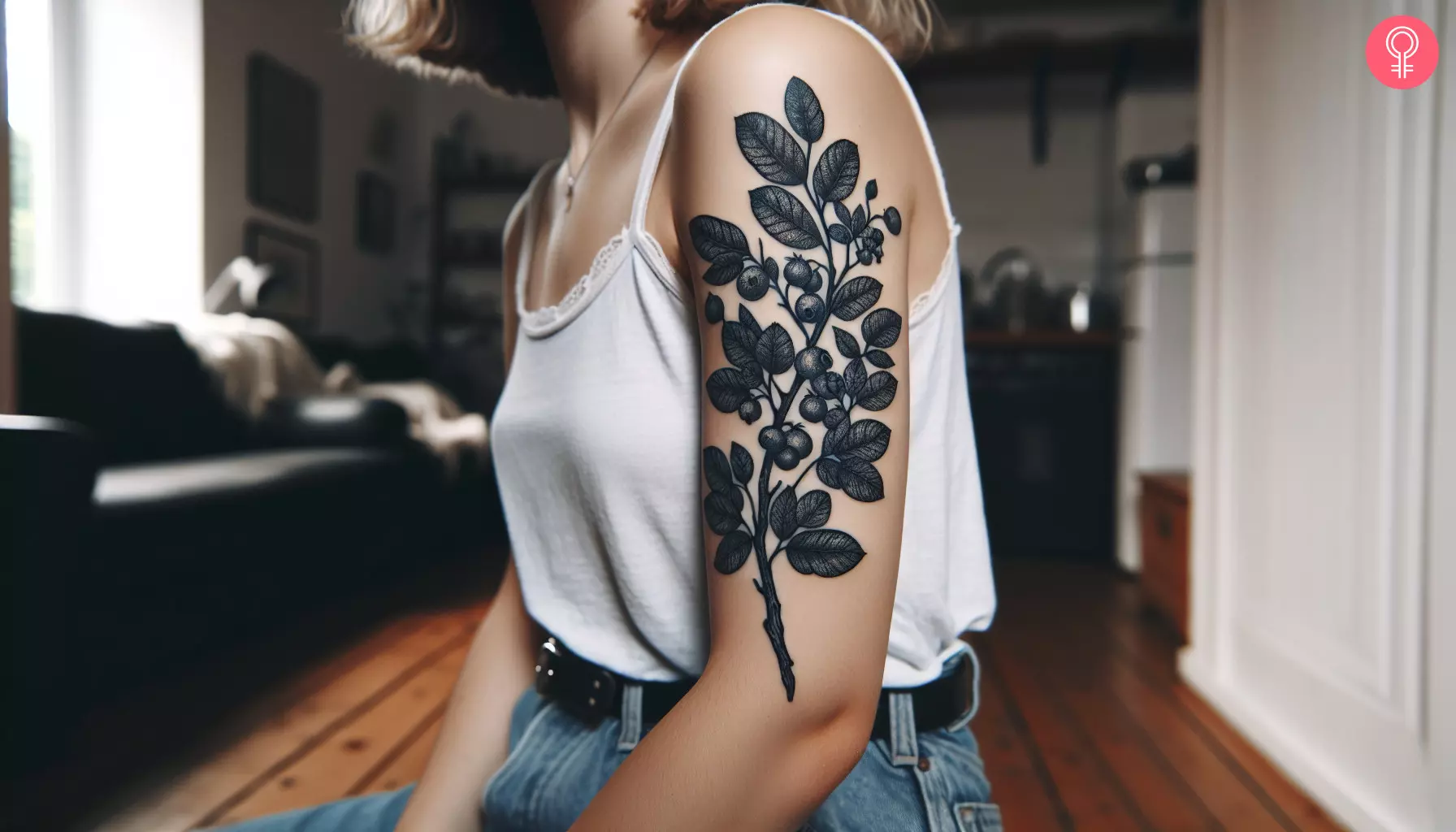 A blueberry plant tattoo on the upper arm of a woman